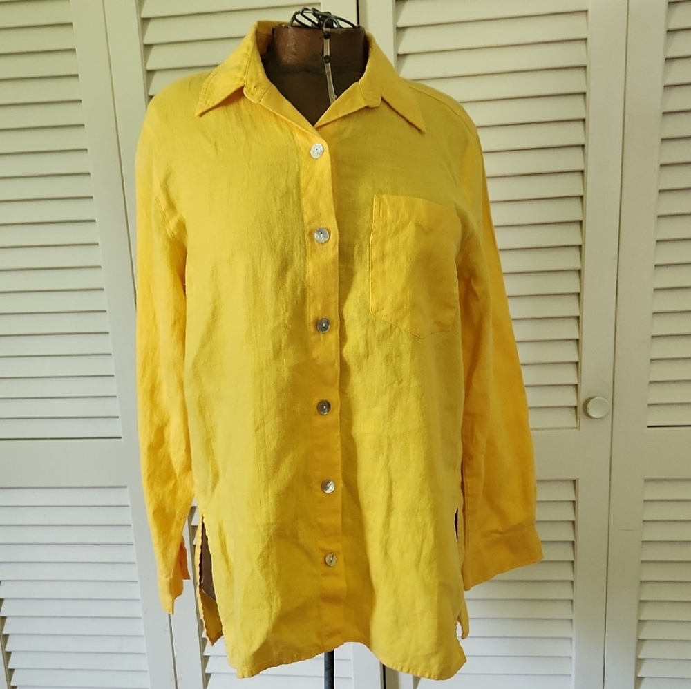 Chico's Vintage Yellow Linen Button Down Shirt Mother of Pearl Buttons